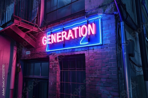 A blue and red neon sign on a brick wall that reads "GENERATION Z"