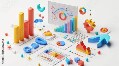 Modern colorful 3D infographics. Statistics Business 3d Pie Chart, Bars, Strips, Steps and Options. Business Infographic creative design made of 3D shapes