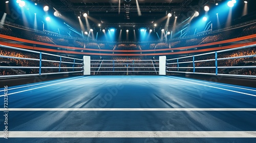 Empty professional boxing ring in arena with bright lights and empty seats, evoking anticipation © Ilja