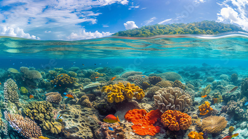 A coral reef teeming with colorful marine life under crystal clear waters. © Legano