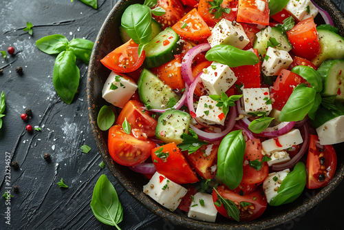 Greek salad with fresh vegetables , healthy food, flat lay 