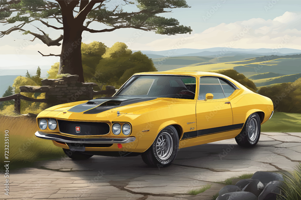 Beautiful Yellow Vintage car illustration. Classic vintage car design. Vintage car illustration background. vintage car vector art illustration classic car design.