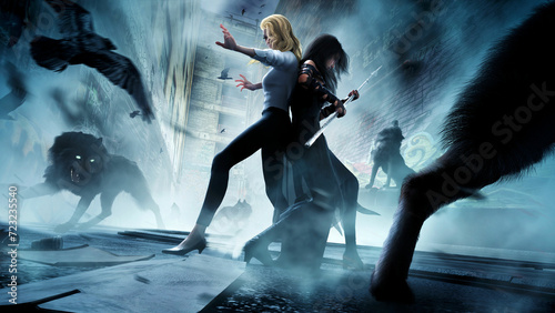 Two girls, one blonde, the other brunette with a spear, they are fighters standing in the middle of a dark foggy street surrounded by giant wolves. 3d rendering. photo