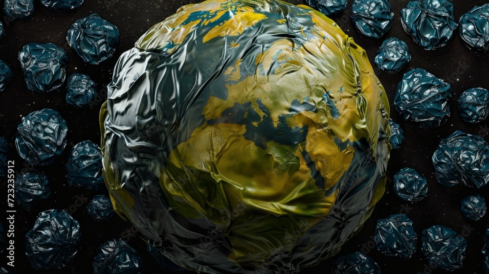 Obraz premium Planet earth made from plastic bags. View from space to earth. The problem of environmental pollution