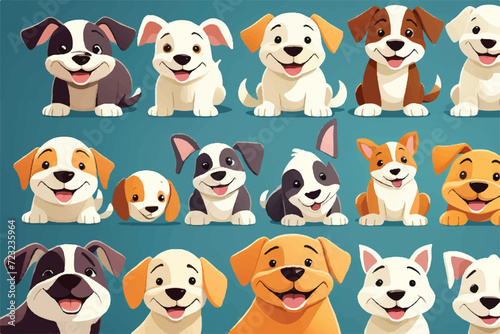 Fototapeta Naklejka Na Ścianę i Meble -  Puppies and Dog collection. Cute pappies and dogs. Set of cute funny puppies. Cute dogs vector set. Funny cartoon dogs characters different breads illustration. Different type of vector cartoon dogs.