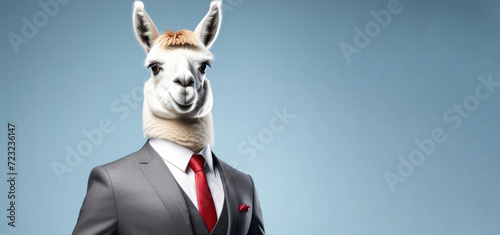 Anthropomorphic realistic llama director, boss in elegant business suit, white shirt and tie. Large portrait on blue background. Fantastic business concept. Commercial advertising banner. Copy space.