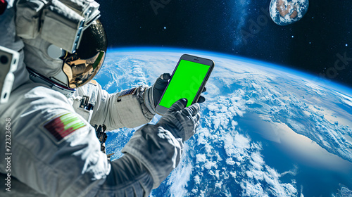 Astronaut using green screen phone while performing spacewalk in open space. Planet Earth on background. Chroma key smartphone in cosmonaut hands