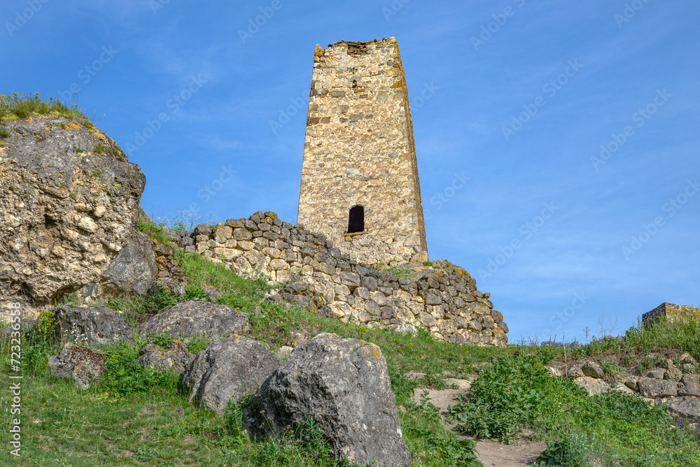 One of the ancient towers in the mountains of North Ossetia-Alania. Tsmiti, Russia