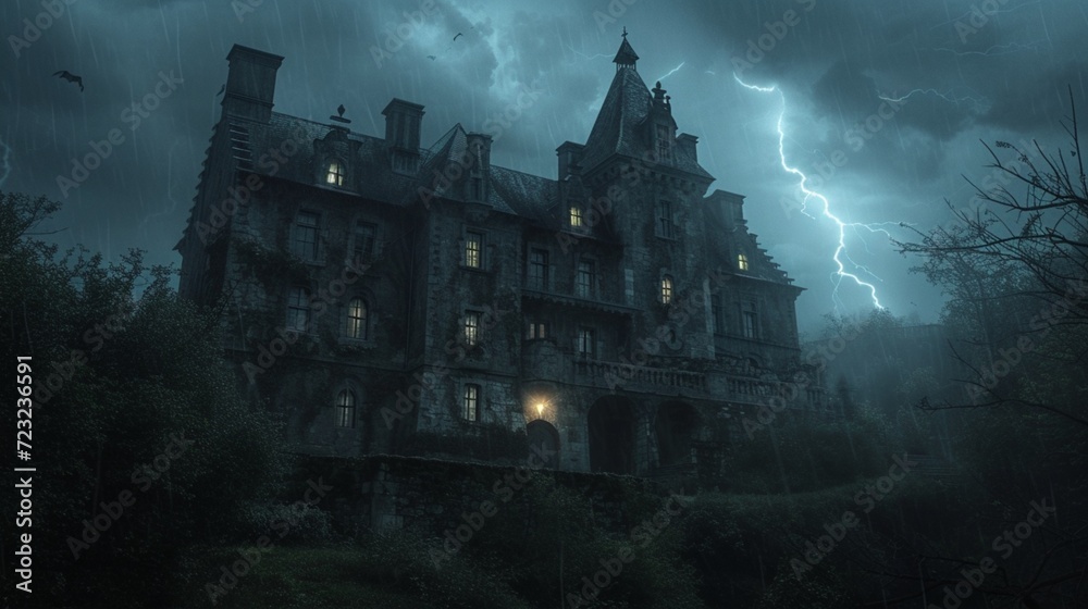 A haunted castle on a hill, with lightning flashing in the sky and eerie shadows moving behind the windows.