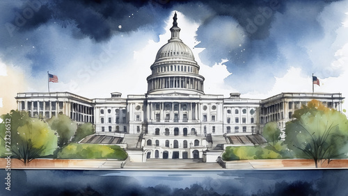 USA capitol building at night watercolor