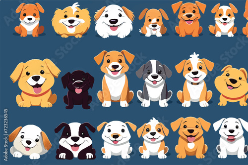 Fototapeta Naklejka Na Ścianę i Meble -  Puppies and Dog collection. Cute pappies and dogs. Set of cute funny puppies. Cute dogs vector set. Funny cartoon dogs characters different breads illustration. Different type of vector cartoon dogs.