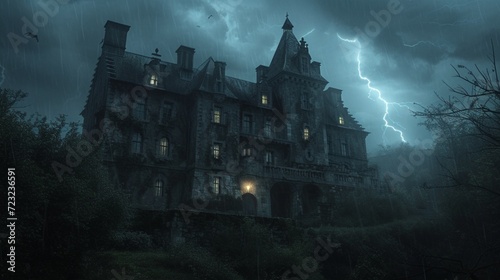 A haunted castle on a hill, with lightning flashing in the sky and eerie shadows moving behind the windows.
