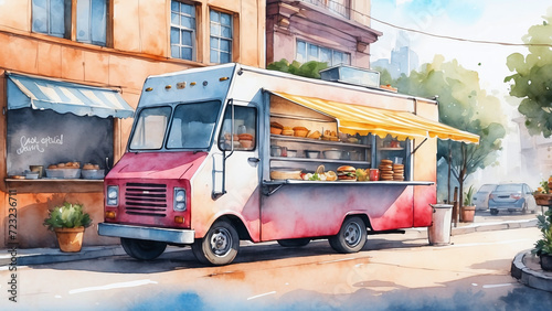 food truck on the street, watercolor style