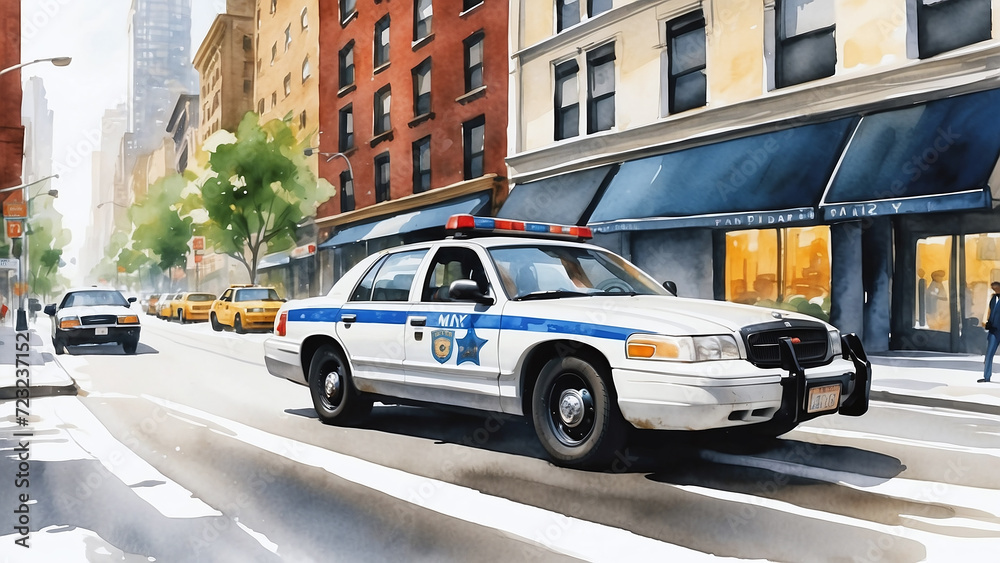 police car in the street watercolor