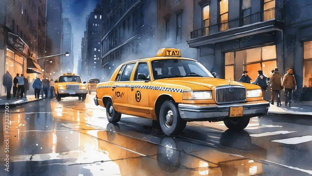 taxi car in the New York city watercolor - obrazy, fototapety, plakaty 