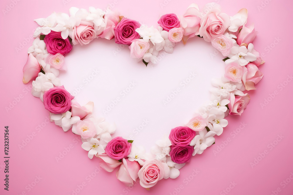 Concept of greeting cart with pink background. Heart pink shape, flower of roses around of the pink heart shape, flowers on Valentine's day, Mother's day. Flatly, space for text Concept of greeting cart with pink background. Heart pink shape, flower of roses around of the pink heart shape, flowers on Valentine's day, Mother's day. Flatly, space for text