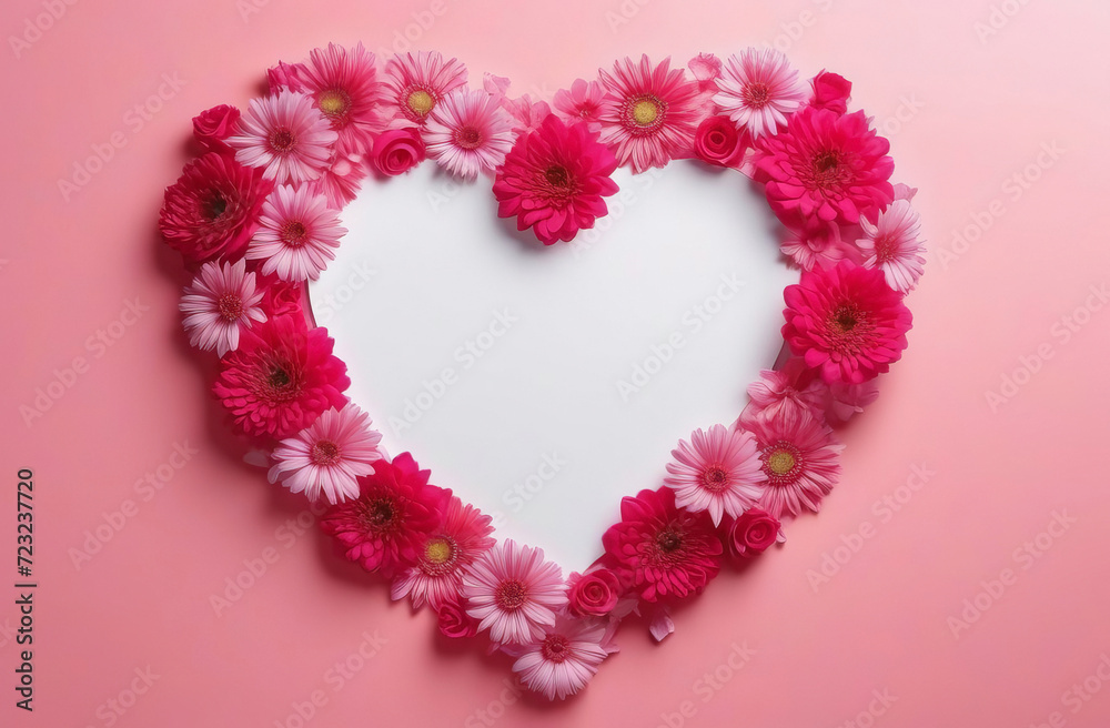 Heart white shape, flower of chrysanthemums around of the heart shape, flowers on Valentine's day, Mother's day. Concept of greeting cart with pink background. Flatly, space for text