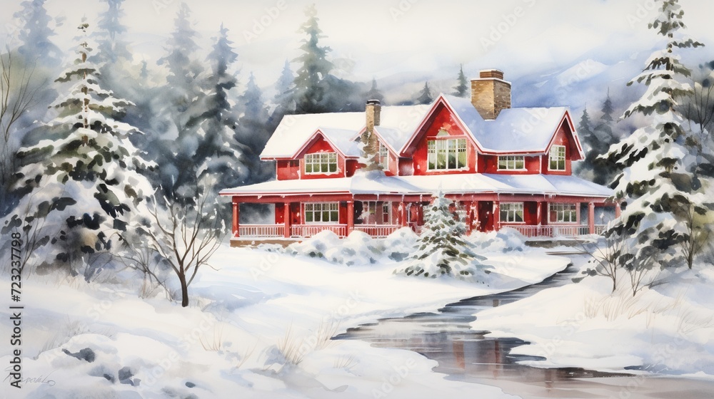 Watercolor winter house on a transparent background