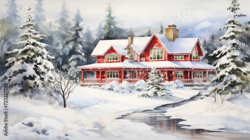 Watercolor winter house on a transparent background