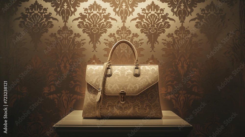 Luxurious gold-toned handbag on a display, harmonizing with the baroque-style wallpaper backdrop, highlighting affluence and fashion - obrazy, fototapety, plakaty 