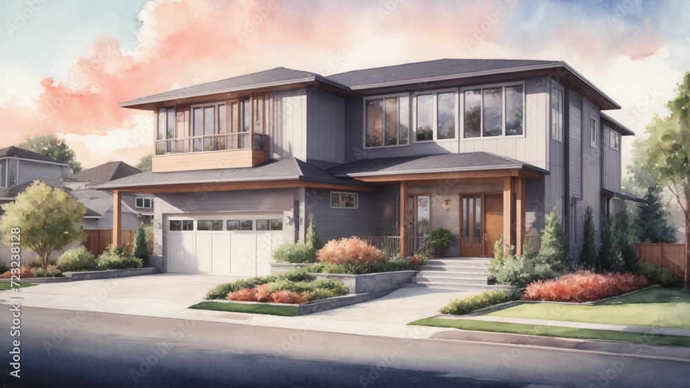 modern luxury house with watercolor style