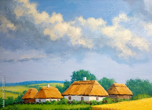 Oil paintings rural landscape, huts in the field