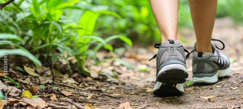 Woman s legs running along mountain trail with sports shoes and backpack in scenic landscape view