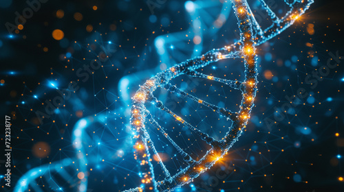 A DNA double helix structure glowing against a dark, digital grid background, representing genetic research, science, dynamic and dramatic compositions, with copy space photo