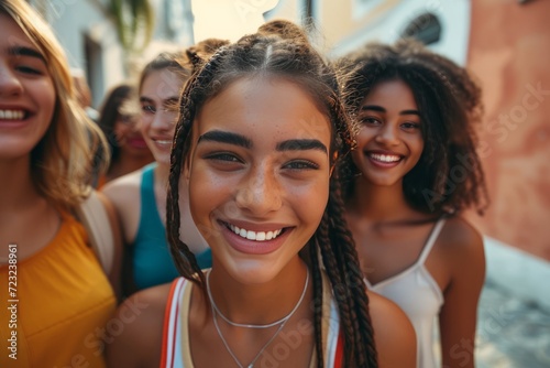 Multiracial group of young people smiling at camera outside - Happy friends having fun walking on city street - Youth community concept with different guys and girls hanging out on summer day time © TheSharminEffect