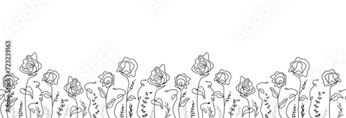 A seamless, modern pattern of abstract rose flowers. an artistic drawing in the one line style. A hand-made floral design. for print, covers, wallpapers, minimalistic, natural art  graphics. png © dezignstock