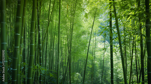 A dense bamboo forest with tall slender trunks and a canopy of green leaves.