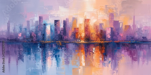 Painting of an Urban Skyline - Modern Impressionism in Light Violet and Light Orange - Soft Focus Technique Cityscape Reflections on Oil Canvas Wallpaper created with Generative AI Technology