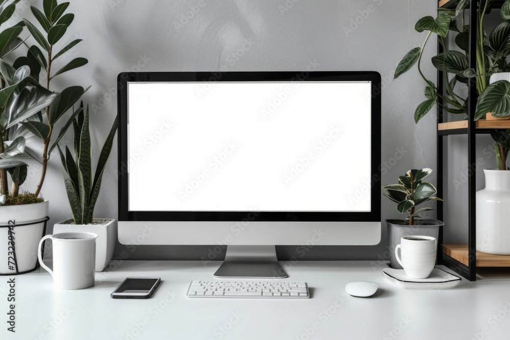 Workspace with blank white screen computer on a white table Workspace with blank white screen computer on a white table