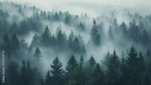 A dense foggy forest at dawn.