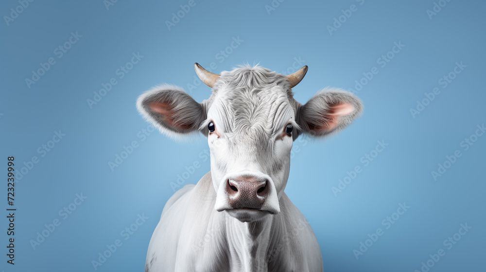 Portrait einer silber-grauen Kuh vor hellblauem Hintergrund. Solo, frontal. Fotorealistische Illustration
