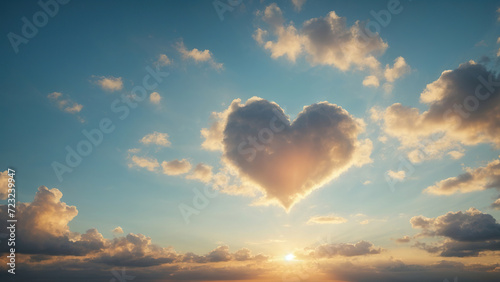 Beautiful Summer sunset sky with heart shaped cloud and colorful vibrant clouds and sun beams across whole sky