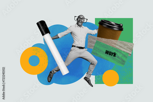 Collage creative illustration black white filter happy excited joyful young man step jump coffee break large market exclusive template