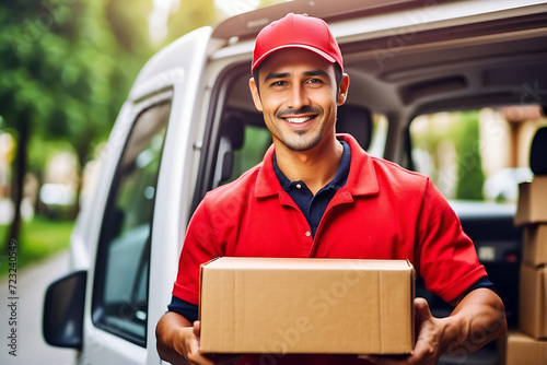 A delivery man in a red cap and uniform holding a parcel box near a van truck delivering to the customer's home. Smiling man postal delivery man delivering a package