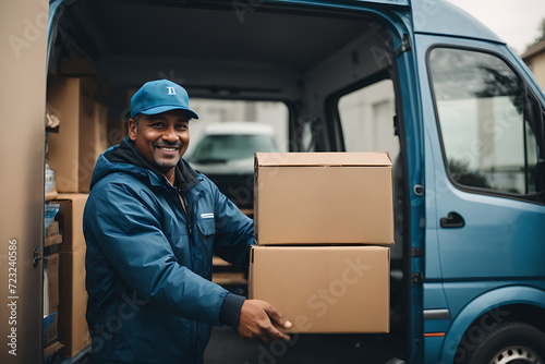 A delivery man in a blue cap and uniform holding a parcel box near a van truck delivering to the customer's home. Smiling man postal delivery man delivering a package © Design_Stock