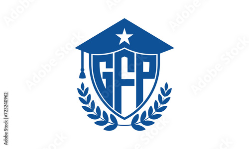 GFP three letter iconic academic logo design vector template. monogram, abstract, school, college, university, graduation cap symbol logo, shield, model, institute, educational, coaching canter, tech