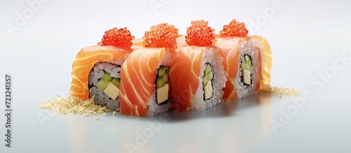 sushi or California rolls or Masago maki sushi roll in black plate isolated on white background