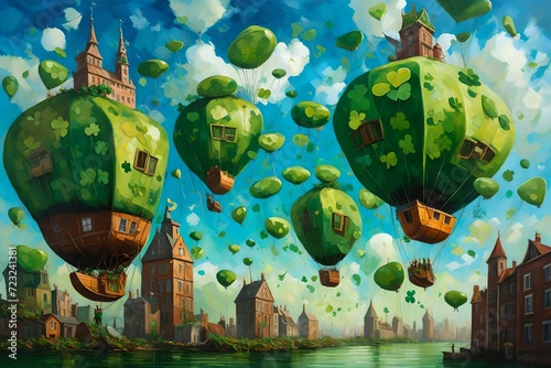 A St. Patrick's Day in a floating city, clover-shaped islands in the sky, airships adorned with green banners