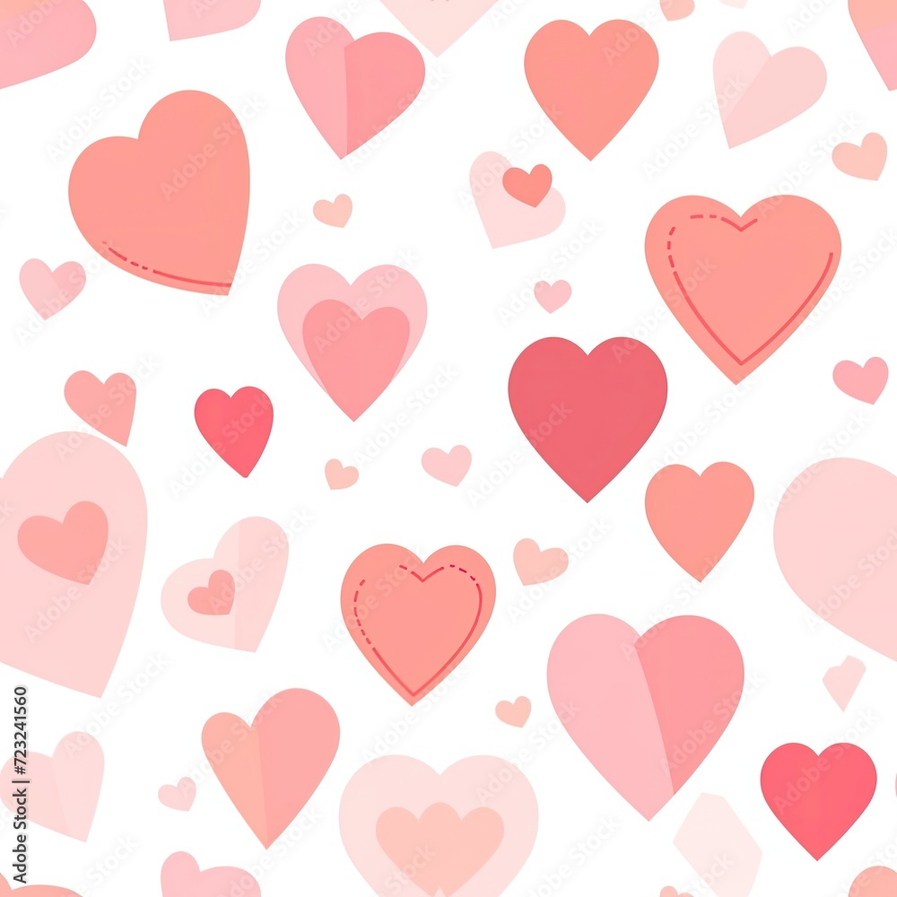 Seamless pattern of cheerful hearts in various shades of pink and red.