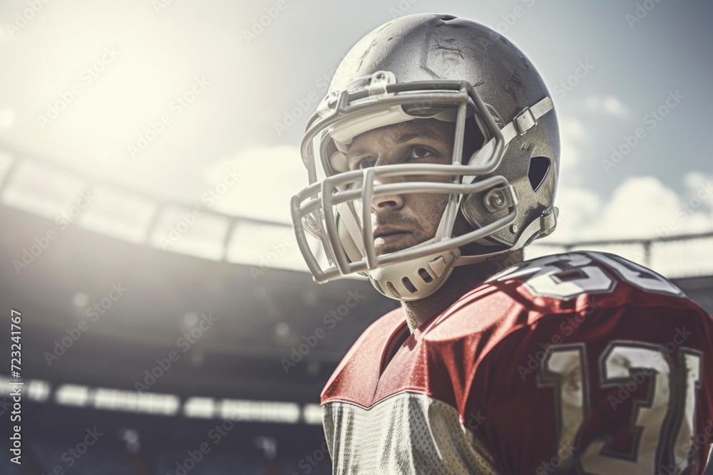 Side view of a thoughtful football player in stadium sunlight, contemplating the game.