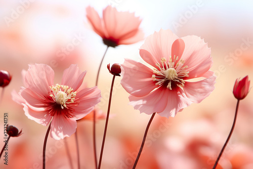 Close-up of pink cosmos flowers with a warm bokeh background.