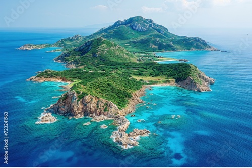 Aerial view showcasing majestic green hills along the coastal line with turquoise waters.
