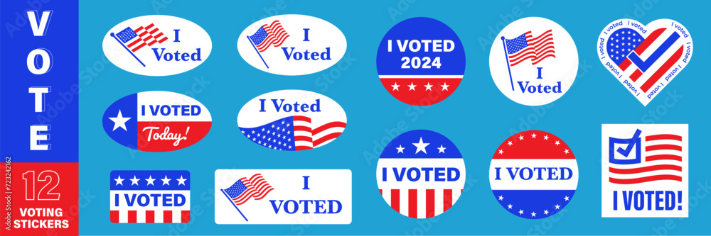 I voted stickers set with american flag. Voter badge. USA election campaign pins. I voted stickers set with american flag. Voter badge. USA election campaign pins.