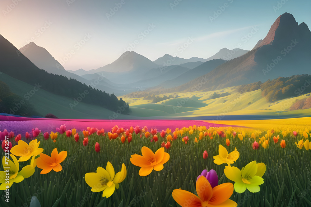 A landscape with a cluster of brightly colored freesias