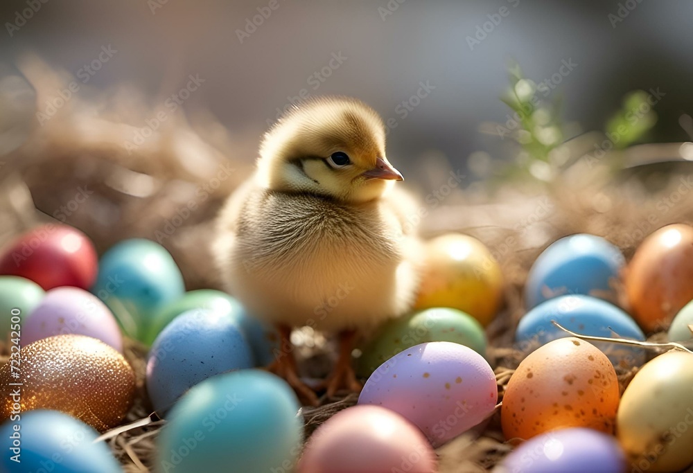 AI generated illustration of a baby duck surrounded by Easter eggs in grassy scenery