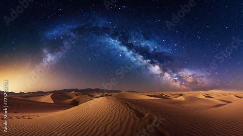 A desert landscape at night under a star-filled sky and the glow of the Milky Way.